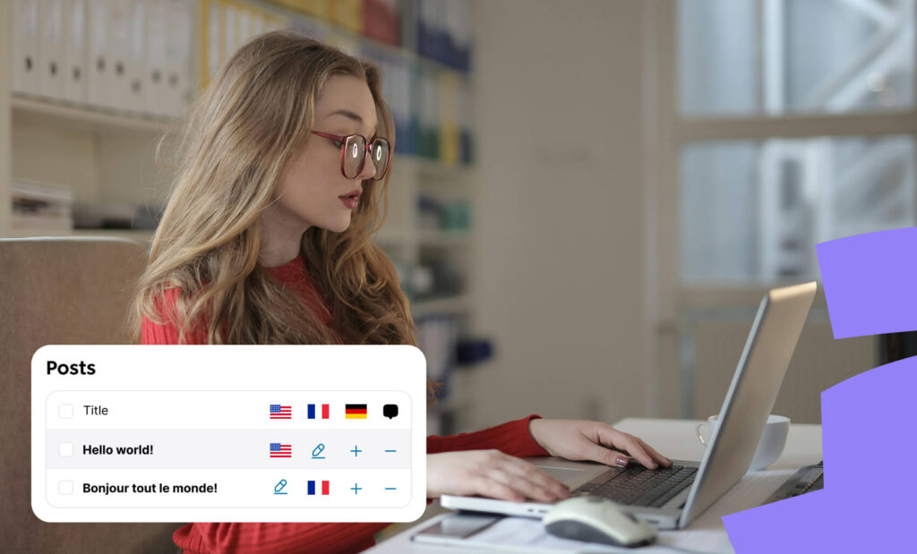 A woman work on a laptop to create a multilingual WordPress site with Polylang
