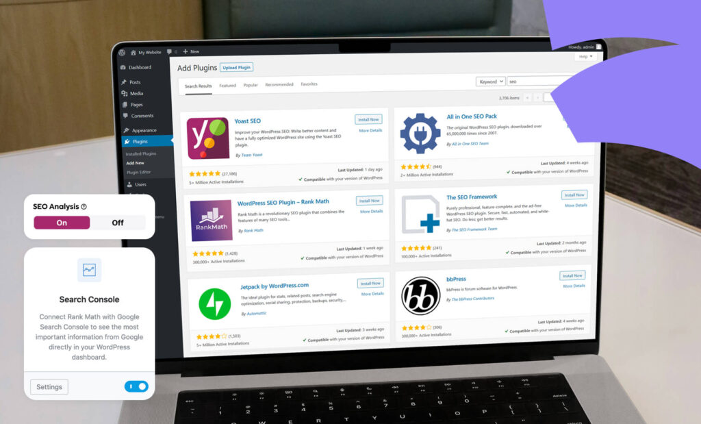 Yoast SEO and Rank Math plugins on the desktop screen