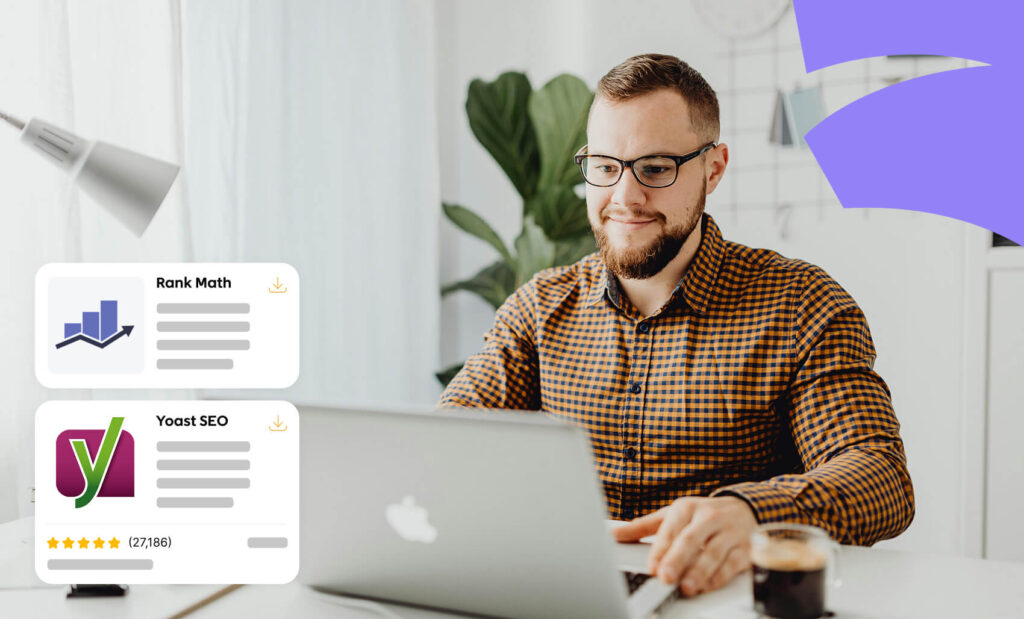 A man in front of a laptop comparing the Yoast SEO and Rank Math plugins