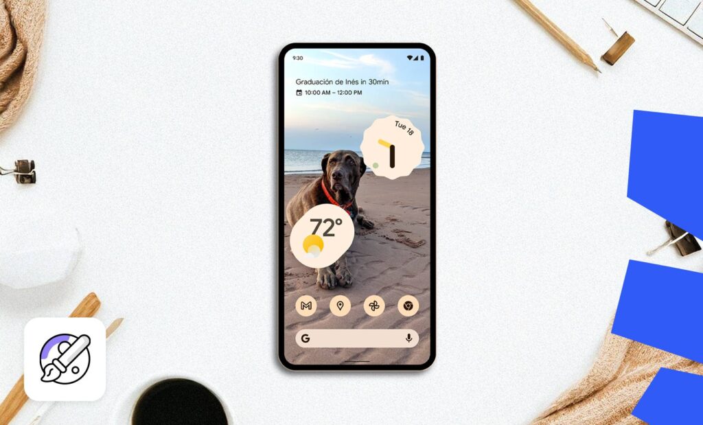 A smartphone displaying the lock screen with a dog as wallpaper and dynamic color widgets