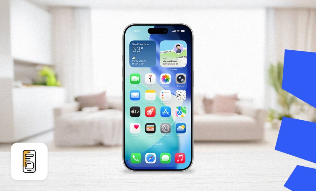 A smartphone displays its home screen with a variety of app icons, including Weather, Calendar, Photos, and Messages.
