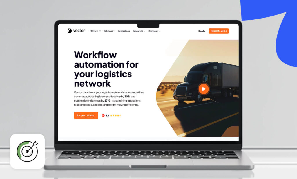 A laptop screen displays the landing page for Vector logistics software