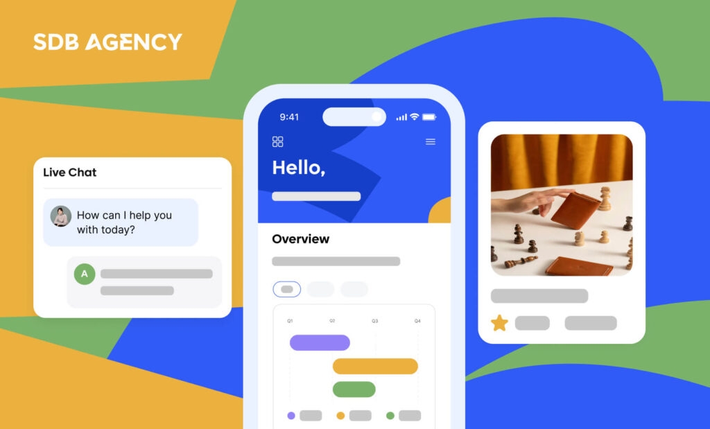 Mobile app interface design mockup showing live chat, overview dashboard, and product preview