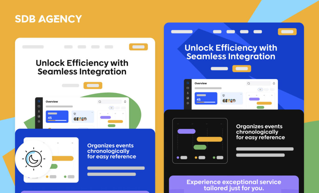 Comparison of light mode and dark mode website designs with text ‘Unlock Efficiency with Seamless Integration’