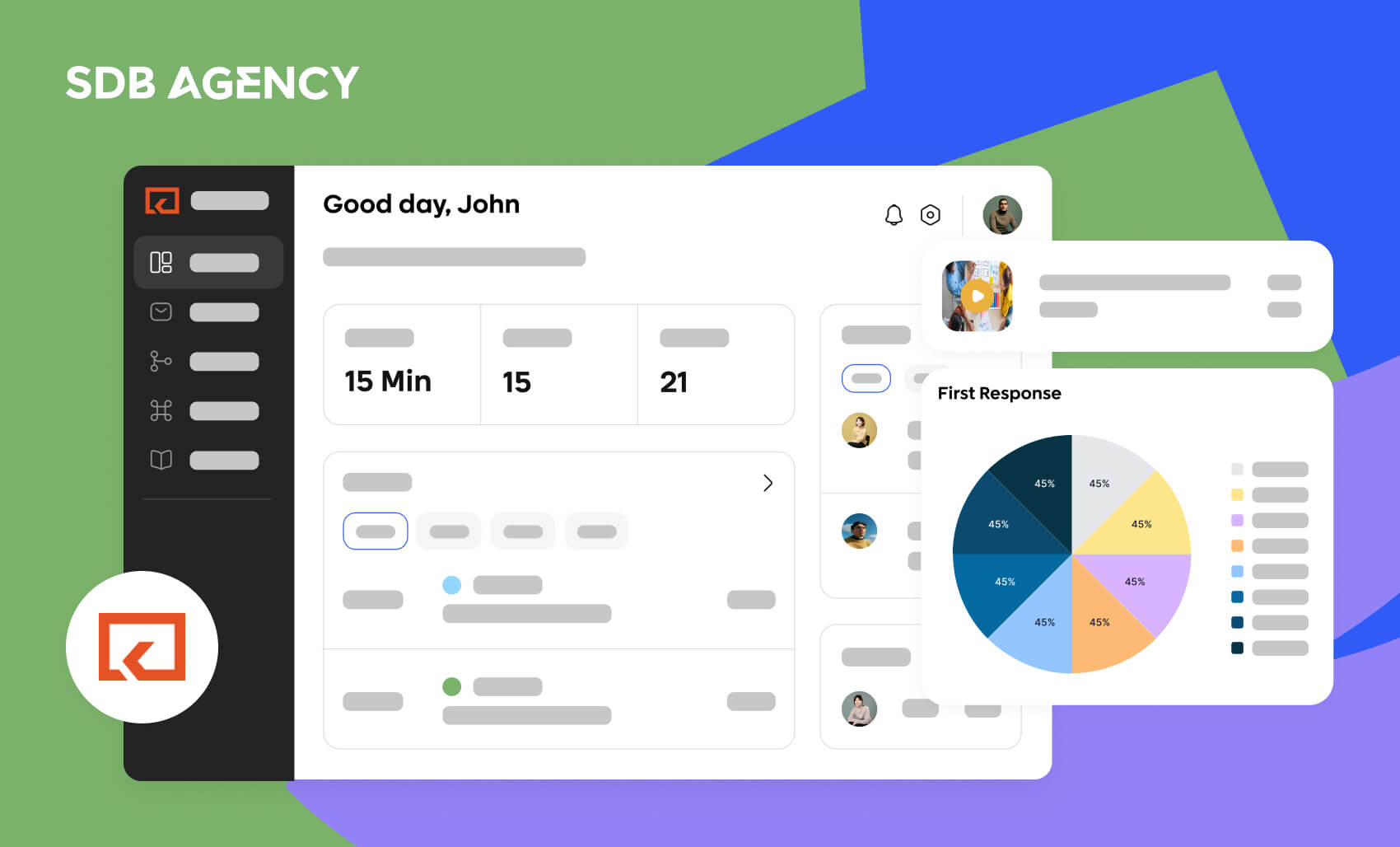 A screenshot of a SaaS dashboard or CRM interface, showing user statistics, a schedule, and a pie chart with colorful percentage data