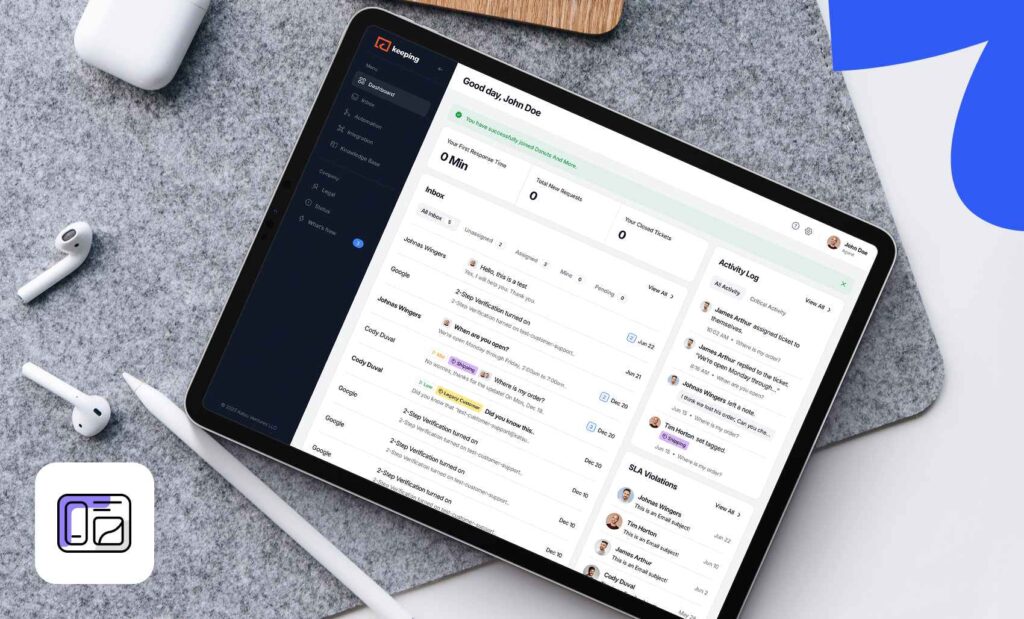 A close-up shot of a tablet displaying the "Keeping" SaaS customer service or CRM dashboard