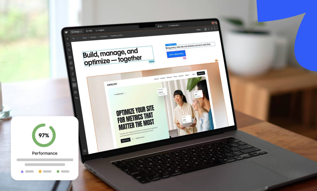 A laptop on a wooden table displaying a Webflow design interface with a website optimization layout