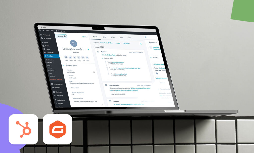 Laptop screen showing a HubSpot contact profile and activity dashboard