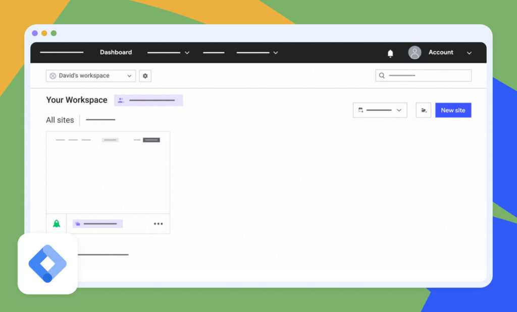 A screenshot of a Google Tag Manager workspace dashboard with options to manage sites