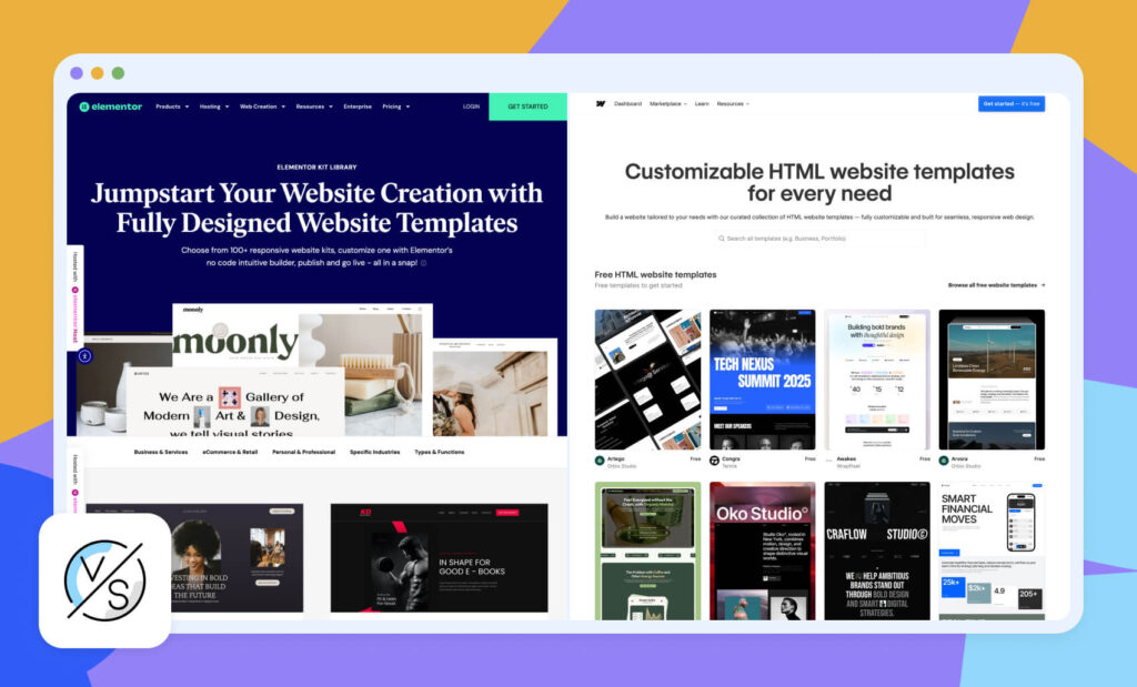 Screenshot comparing Webflow vs Elementor, highlighting differences in templates, and components