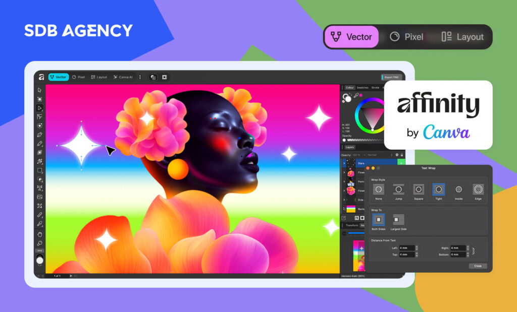 Colorful digital artwork editing interface in Affinity by Canva, showing a vibrant portrait of a woman with flowers