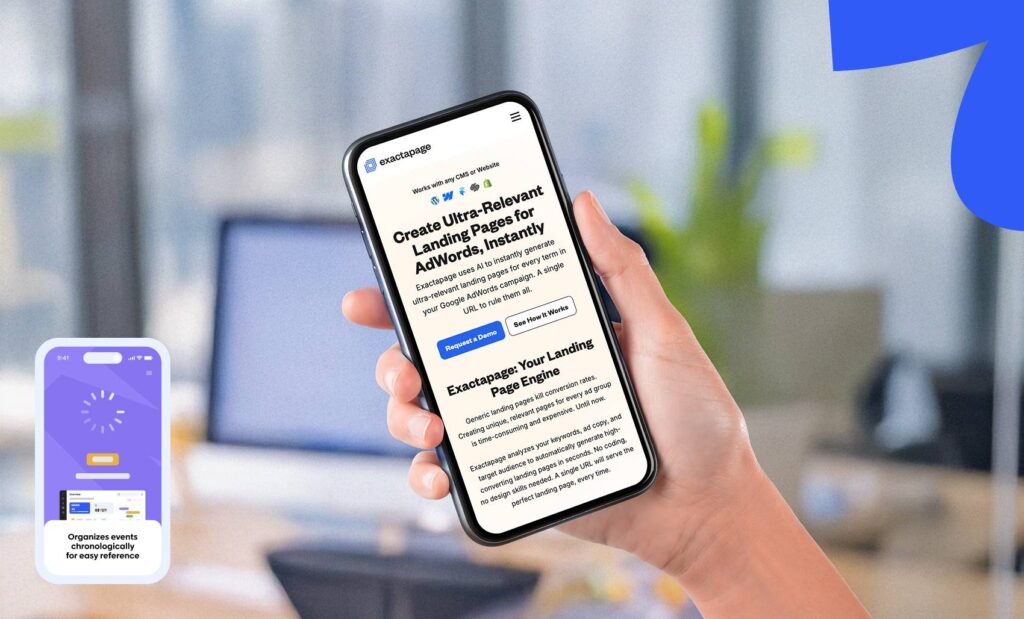 A hand holding a smartphone displaying a landing page creation tool