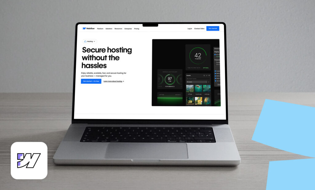 Screenshot of the Webflow homepage highlighting features related to Webflow hosting