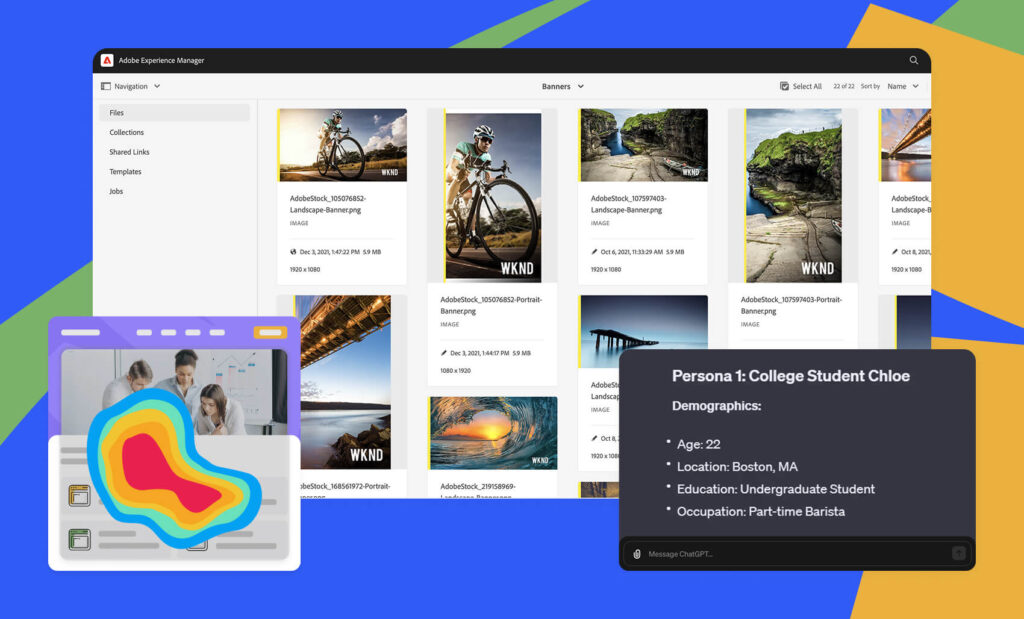 A digital collage showing Adobe Experience Manager images, a heatmap-style analytics graphic, and a ChatGPT-generated persona card