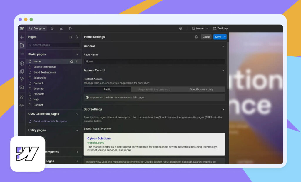 A screen showing how to add a meta title and description in Webflow’s SEO settings