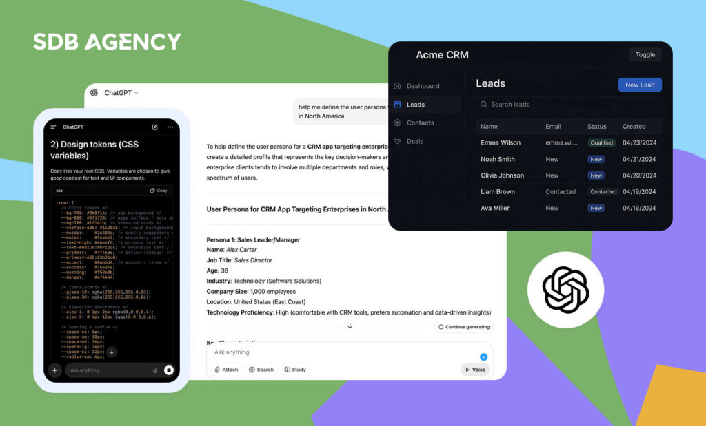 A digital collage showing ChatGPT generating CSS design tokens and a CRM user persona