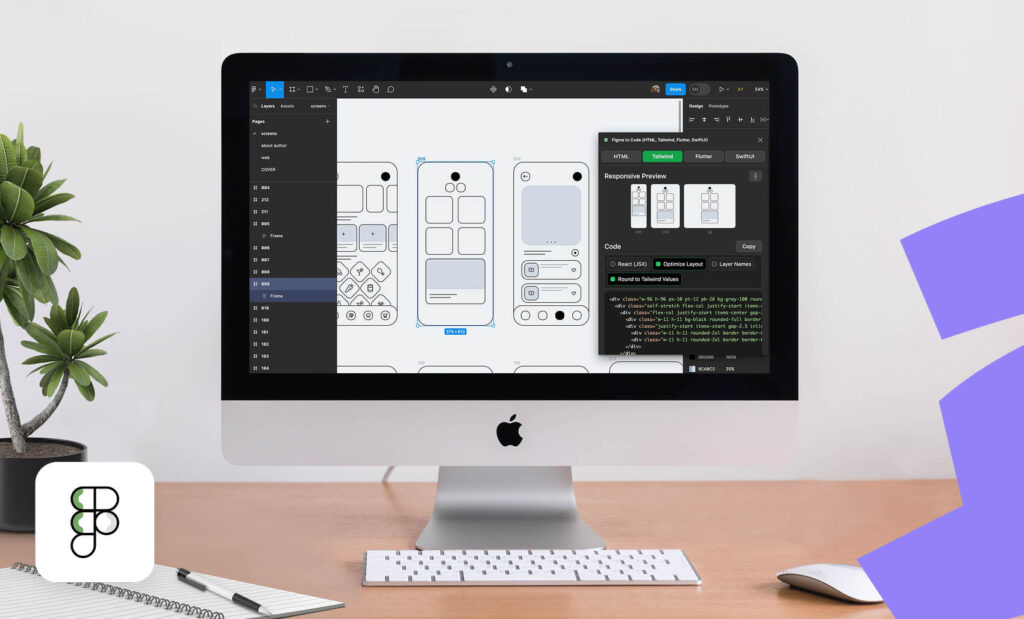 An iMac displaying a Figma workspace with mobile wireframes and a plugin panel generating responsive code