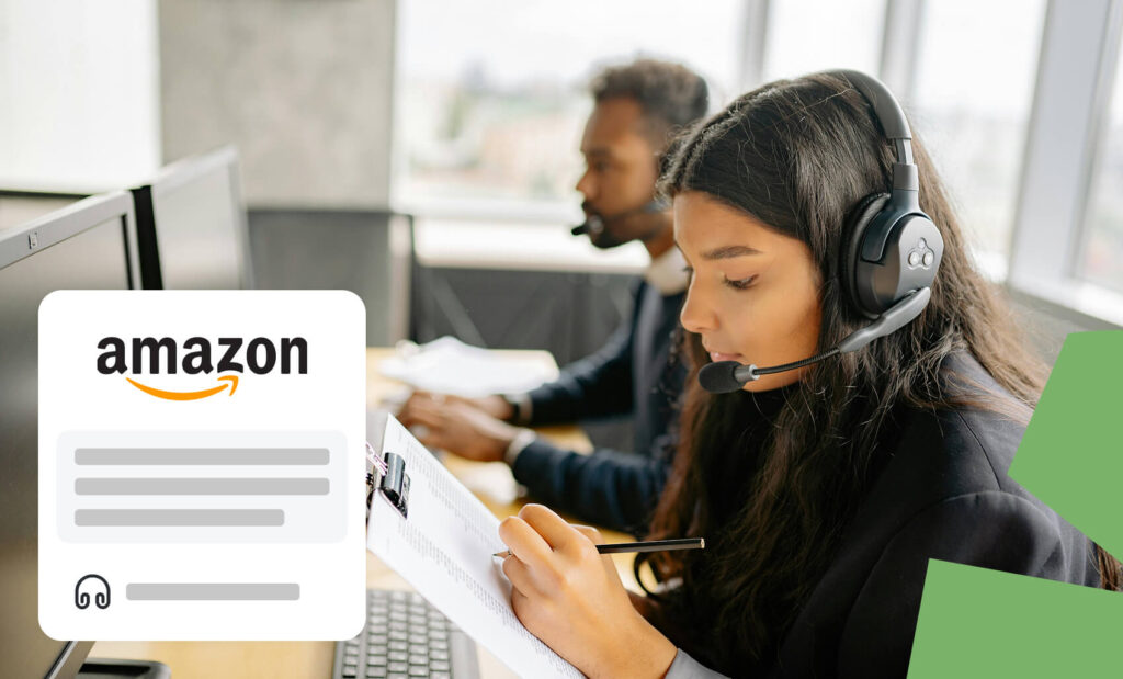 A female customer service representative from Amazon speaking with a customer while working at her desk