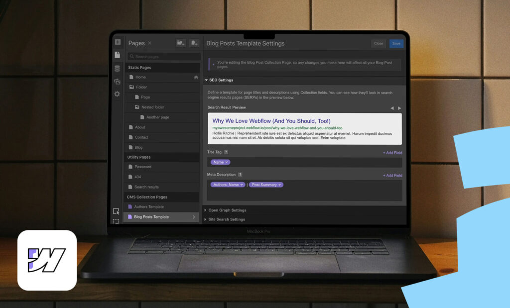 Webflow’s SEO settings displayed on a laptop screen