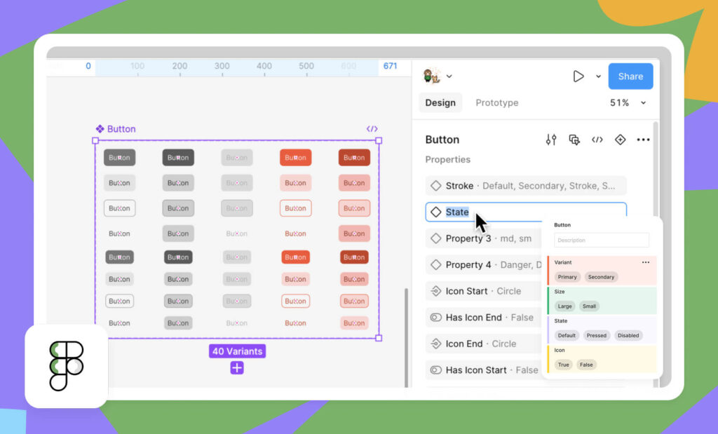 Figma interface showing a button component with multiple variants and properties
