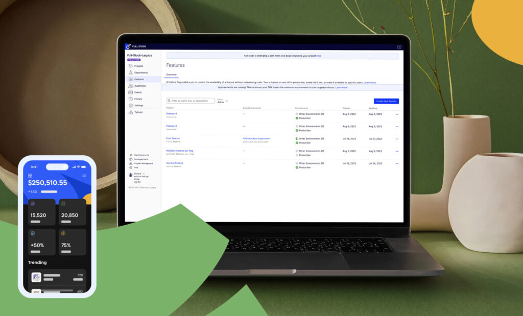 A laptop displaying a feature management dashboard