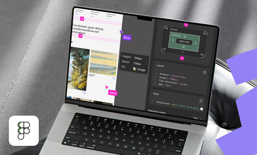 A laptop displaying a Figma design with layout measurements